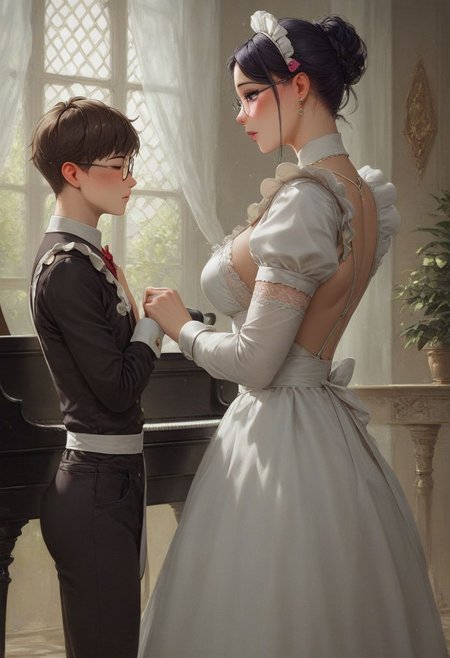 score_9, score_8_up, score_7_up, score_6_up, score_9, score_8_up,  tall woman standing apart a shy short boy, pretty, obsessed eyes, shy boy blushing, height difference, absurdes, age difference, rectangle glasses, (((20yo))) frekles, 2girls, standing by piano, victorian maid dress, pantyhose, black pantyhose, mid length hair, (boobs:1.5)
(Red wet tiny lips),look away,outdoor room made with windows,day time