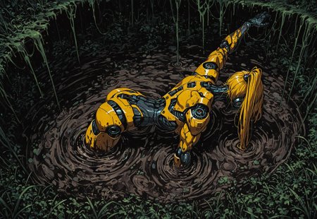 masterpiece, best quality, amazing quality,  high resolution, 1girl, solo, robot girl, (yellow body:1.2), muscular, high ponytail, sci-fi landscape, deadly swamp landscape,   DRKWB, submerged with only head and one arm visible, stuck in swamp, from above, mud, struggling,  side view, panicked
