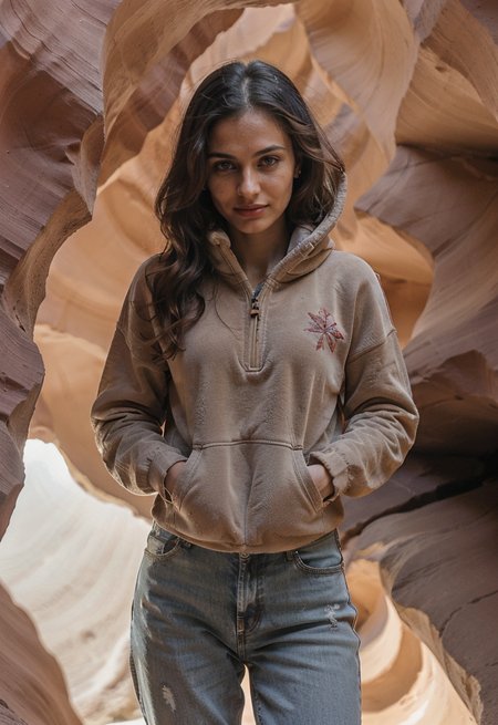 [ng_deepnegative_v1_75t:0.95] (smiling, cheerful, colorful:1.3) Girls-Next-Door_Michelle (Photograph of Rana Sumaiyah Halabi in Antelope Canyon, USA, A slot canyon with sculpted walls and shafts of light creating mesmerizing patterns., ringlets haircut:1.4) (fully clothed in fleece pullover:1.5)
(cosmos:1.7)
<lora:skin_slider_v10:0.7><lora:epiCRealismHelper:1.5>
PA7_Human-Likeness  kkw-ph1 Style-DA jp-Alina-3100
<lora:IGInfluencerV1:0.4> <lora:HD Horizon v1_0:0.6> <lora:SDXLrender_v2.0:0.6> <lora:Background Detail Enhanced_Si_v3.0:0.8> <lora:add_detail:-0.5> OverallDetail <lora:detailSliderALT:0.5> <lora:Mild detail adjusterV10:0.4> <lora:J_origami:0.45> J_origami <lora:PA7_Photo:0.2> PA7_Photo  <lora:epi_noiseoffset2:0.05><lora:retroMoto:0.2> retroMoto