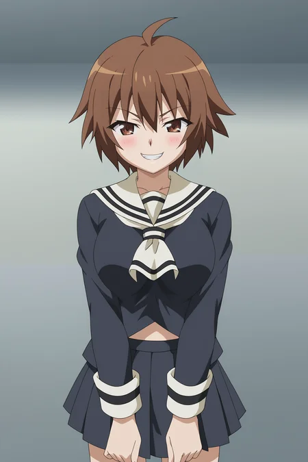 score_9, score_8_up, score_7_up, source anime, prefect lighting, very aesthetic, BREAK, anime coloring, anime screencap,
<lora:swing_out_sisters_v1-pony6:1>, 1girl, chinatsu \(swing out sisters\), brown eyes, brown hair, ahoge, medium breasts, 
BREAK, looking at viewer, blush, grin, 
BREAK,  school uniform, miniskirt,