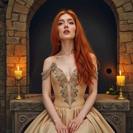 hyperrealistic art watercolor painting expressionist Inside an ancient castle, bathed in the glow of flickering candlelight, the redheaded goddess sitting on the cold stone altar, she's wearing a full victorian dress. Her fiery locks spill over the sacred ground as she gazes upward, looking at the viewer,  her lips parted in an expression of pure, sinful ecstasy. Itâs an image of contrastâholiness and eroticism intertwined, a vision of defiance in a place of restraint  <lora:jialissa64:0.9> jialis . raw, emotional, dynamic, distortion for emotional effect, vibrant, use of unusual colors, detailed . vibrant, beautiful, painterly, detailed, textural, artistic . extremely high-resolution details, photographic, realism pushed to extreme, fine texture, incredibly lifelike