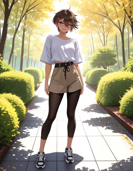 masterpiece, best quality, very aesthetic, absurdres,
outdoors, casual, 
full body, standing, posing, 
 seductive smile, parted lips, long eyelashes,
<lora:Sasha_v01_NAIXL:1>
S4sh4,1girl,solo,tomboy,short hair,brown hair,hairclip,hair between eyes,brown hair,bangs,