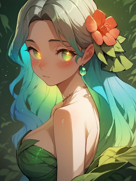 score_9, score_8_up, score_7_up, score_6_up, score_5_up,  <lora:lhata4564XLP:1> lhata4564, 1girl,  <lora:GLOW_EYES-XLP:0.8> glow_eyes, blush, gown, curvy, long hair, gradient hair, flower, leaf