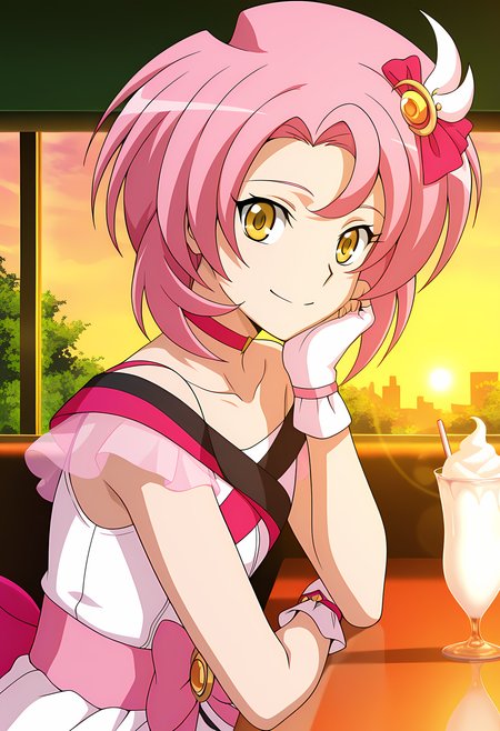 masterpiece,best quality,amazing quality,

solo, face focus,

Luna Yumizuki (Cardfight Vanguard), short hair, pink hair, yellow eyes,

idol, idol outfit, magical girl, semi transparent dress, collarbone, hair ornament, choker, fingerless gloves, bow,

Looking at viewer, big smile, from side,

cinematic, upper body, milkshake, 

Sit, sitting, glass, sci-fi city, cafe, greenery, 

afternoon, sunset, 

Lens flare, bloom, detailed shadow,

Official style, anime screencap, anime coloring,
















