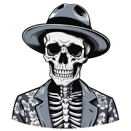 Skeleton man, hawaiian shirt. dealer hat.frown.
grey background, simple background,