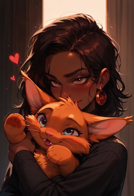 score_9, score_8_up, score_7_up, score_6_up,  <lora:p3tl0v3XLP:1> p3tl0v3, 1girl, dark skinned female, hugging a orange kitten,