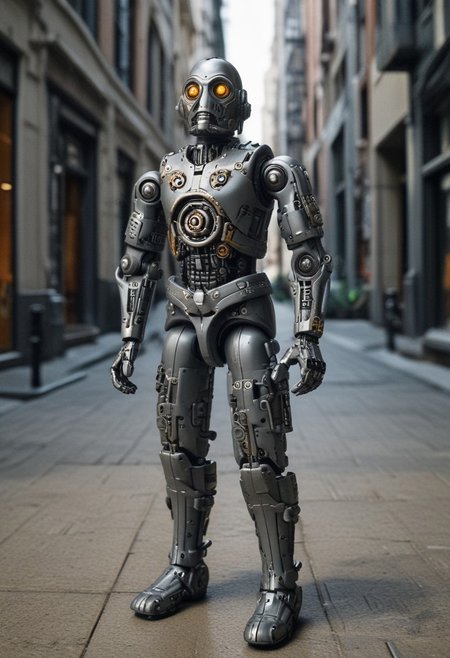 realistic grey iron steampunk android, boots, miniature, hyper realistic, action figure, reality-shot, realism, realistic photography of a very detailed awesome robot, in a cyberpunk modern city environment, looking at viewer, magical landscape with enchanted elements, fantasy art style, modern theme, intricate details, ultra sharp, exquisite detail, flawless composition, vivid colors, masterpiece, exciting background, looking at viewer, solo, ral-rbtcprtz, novuschroma53 style, C-3PO