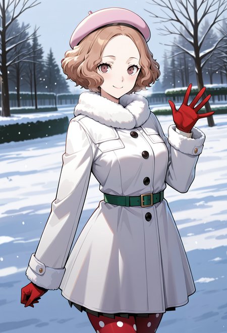(masterwork, masterpiece, best quality, hyper-detailed),
1 girl, solo, 
p5haru, brown hair, short hair, wavy hair,
p5haru-wintercas2, beret, pink beret, long coat, thin belt, green belt, gloves, red pantyhose,  polka dot legwear,
outdoors, park, trees, cold, snow, waving, walking, looking at viewer, smile, cowboy shot,