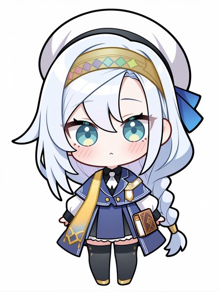 chibi, artmegia finemelt, 1girl, solo, blush, black thighhighs, white background, full body, simple background, looking at viewer, blue dress, black collared shirt, blue capelet, white beret, gold hairband, book, gold high heels, gold sash, white necktie,
masterpiece,best quality,amazing quality,very aesthetic,absurdres,newest,<lora:Artmegia finemelt illusXL v1.3:0.7>,