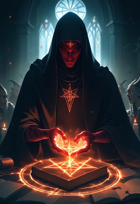 score_9,score_8_up,score_7_up, occultist priest doing dark spell, demoic glowing circle of runes, glowing pentagram, occultist holding a glowing demonic book, dark fantasy scene