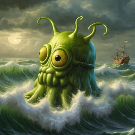 A brain slug as Cthulhu  is rising from the sea in a great storm <lora:SDXL-BrainSlug-Lora:1>, Very detailed, clean, high quality, sharp image, based on H.P Lovecraft stories, Naoto Hattori