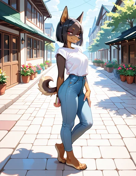 masterpiece, best quality, very aesthetic, absurdres,
outdoors,
full body, standing, posing, 
seductive smile, parted lips, long eyelashes, 
casual, 
<lora:Ophellia_v01_NAIXL:1>
0ph313ia,1girl,solo,furry,furry female,dog girl,black hair,short hair,straight hair,red eyes,snout,animal nose,body fur,dog tail,