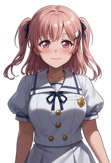 score_8_up, score_7_up, score_6_up,core_5_up, score_4_up,, solo, 1girl,,source_anime,,masterpiece,mogudan,,best quality,,amazing quality,large_breast,1girl,<lora:Hiromachi_Nanami:1.0> nanami, long hair,pink hair,,close moutch, two side up, pink eyes,cat hair ornament ,blush
hairclip,adorable personality, ,quiet girl,cheerful,blushing,shiny skin,looking at viewer, blush, smile, simple background, , white background, dress, ribbon, hair between eyes, sitting, closed mouth, school uniform, collarbone,  short sleeves, puffy sleeves, pink eyes, sailor collar, white dress, puffy short sleeves, neck ribbon, buttons,