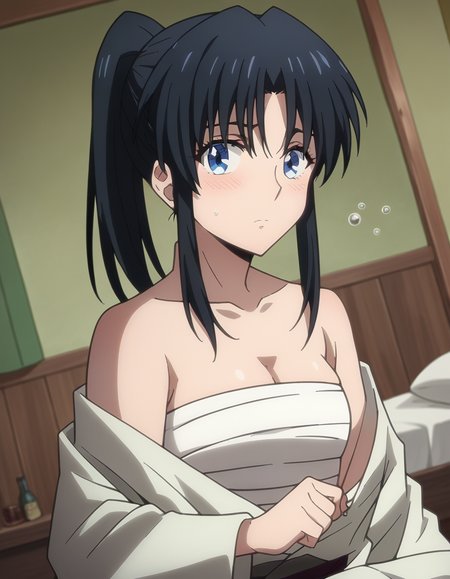 score_9, score_8_up, score_7_up, source_anime,
kaorukamiya, <lora:kaoru-kamiya-ponyxl-lora-nochekaiser:1>
kaoru kamiya, blue eyes, black hair,
cleavage, japanese clothes, open clothes, kimono, bandages, hakama, sarashi, open kimono, chest sarashi, hadanugi dousa, bokken, ponytail,
indoors, bed, bed room, on side, blush, drunk,
looking at viewer, dutch angle, cowboy shot