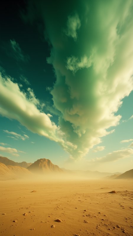 photograph, A surreal landscape stretches out before the viewer, with swirling patterns of green and brown dominating the sky. The ground is covered in a thick layer of dust, in focus, Evil, natural lighting, Fujicolor Fujichrome Velvia 100, 50mm, aidmaMJ6.1, aidmafluxpro1.1, aidmaimageupgrader