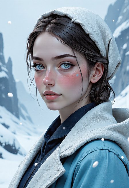 minimalistic portrait of a young Scandinavian woman white glacial blue smoked eye shadow, abstract white biomorphic pattern, winter landscape with glacial flowers, large snowflakes falling from the sky, vivid color, soft contrast, misty aether houte - couture rococo glacial clothing, atmospheric rim lighting, an intricate, elegant, highly detailed digital painting, (style of simon stalenhag, wayne barlowe, igor kieryluk. Lacombe, Patrice Murciano Frostpunk) perfection style, <lora:flux/flux_realism_lora>, <lora:flux/Herbst_Photo_35mm v2>, herbstphoto, <lora:flux/FluxMythP0rtr4itStyle>, mythp0rt,