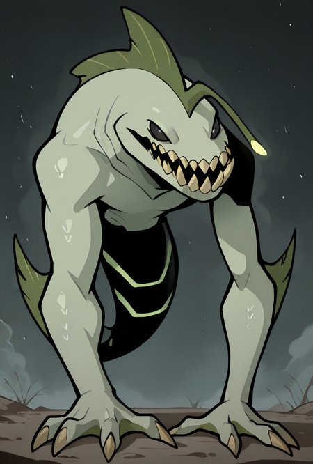 <lora:ripjaws-08:1> ripjaws, sharp teeth, solo, claws, 1boy, light green skin, no humans,  <lora:TripleStabberIllustrious:1> black eyes, solid eyes, no mouth, masterpiece, best quality, amazing quality, very aesthetic, absurdres, newest,