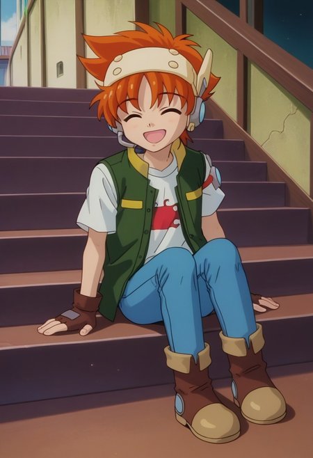 score_9, score_7_up, source_anime, 
kanipa, 1boy, male focus, solo, closed eyes, orange hair, short hair, headset, shirt, t-shirt, white shirt, short sleeves, jacket, sleeveless jacket, green jacket, gloves, fingerless gloves, brown gloves, jeans, boots, ankle boots, brown footwear, smile, open mouth, headset,
outoor, stairs, sit,