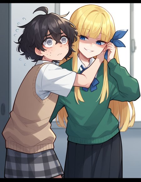 score_9, score_8_up, score_7_up, score_6_up, score_5_up, score_4_up, solo, 2girls,<lora:Popoka_v3:0.8> ppka, blind girl \(popopoka\), black hair, short hair, messy hair, ahoge, freckles, grey eyes, empty eyes, blind, white shirt, beige sweater vest, plaid skirt, grey skirt, odd socks, different socks, nervous, flying sweatdrops, 
score_9, score_8_up, score_7_up, score_6_up, score_5_up, score_4_up, solo, 2girls, blonde girl \(popopoka\), blonde hair, long hair, hair ribbon, blunt bangs, blue ribbon, blue eyes, green sweater, white collared shirt, black skirt, black pantyhose, shaded face, smug, 2girls, (whispering in ear:1.4),