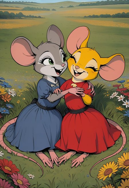 score_9, score_8_up, score_8, duo, (fluffy:0.8), claws, (fluffy cheeks:0.4), (feral:1.3), outdooes, furry, (((mouse))), female, in the style of beatrix potter, flat color, sitting, lying down, field, grass, flowers, (cute), romantic, look at each other, hugging,
BREAK
(mouse, female, (eyes closed), yellow fur, yellow ears, (red dress), laugh),
BREAK
(mouse, female, green eyes, grey fur, grey ears, (blue dress)),