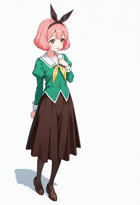 masterpiece,high quality details,absurdres, 
 <lora:Koshiba_Mai:0.8>
mar_cnr, 1girl, pink hair, short hair, bangs, brown eyes,black hairband,
mar_s1,green shirt, white sailor collar, serafuku,long skirt,black-brown skirt, juliet sleeves,pantyhose, loafers,, simple background, white background, dutch angle,solo,, :p,