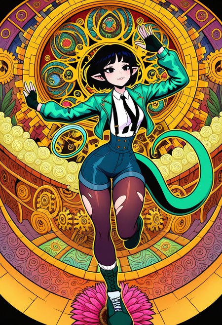 acid-art, lsd-art, trippy, gears, dancing, fisheye, detailed glasswork, reptiles, scale,
high_contrast,drop_shadow,chromatic_aberration, colorful, flower, bodypaint, 
jiandoe, tail, pointy ears, default clothes, green jacket, 1girl, black hair, torn clothes, gloves, fingerless gloves, shorts, torn  pantyhose, suspenders, necktie, sling,
narrow waist, thighs,
sensitive, 
masterpiece,best quality, very aesthetic, absurdres, illustration,
<lora:jiandoe-noob-Tanger:0.2> <lora:Daisy-Acid:0.7>