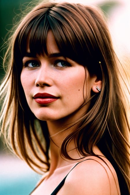 photo of (90s supermodel CL4UD1A5) smiling, (long hair with bangs, eyeliner makeup, eyeshadow:1.2), ((bikini)) in the beach, closeup shot, full body, extremely detailed, Playboy centerfold, Playmate, 8k, Intricate, High Detail, Sharp focus, modelshot, hasselblad,(film grain, vivid colors, film emulation, kodak gold portra 100, 35mm, canon50 f1.2)