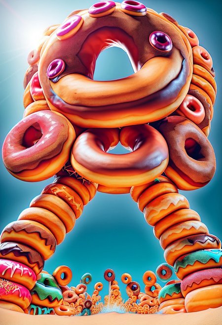 low angle, funky purple octopus made of doughnuts,  spinning 
 made of doughnuts, DJ set, beach party made of doughnuts, orange sunset made of doughnuts, blue sky made of doughnuts,  crashing ocean blue and white waves made of doughnuts, ral-octprms, d0nu71f13d