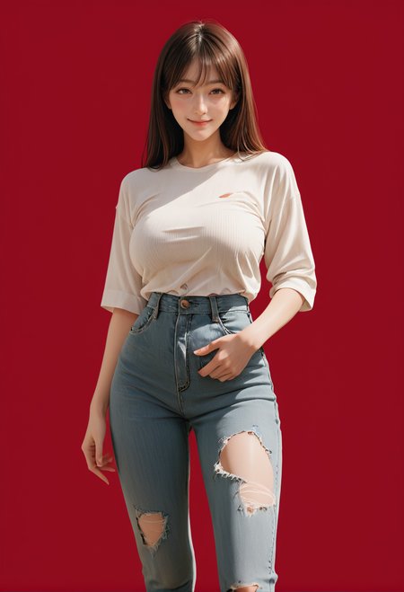 1girl,red background,,ruanyi0966,torn jeans,pantyhose,white shirt,black pantyhose,
standing,bottomless,take off pants,<lora:0966 Home wear 13_v1_pony:1>, score_9, score_8_up, score_7_up, score_6_up, score_9, score_8_up, score_7_up, score_6_up source_anime, blush, 1girl, seduce smile, perfect body , natural huge breasts