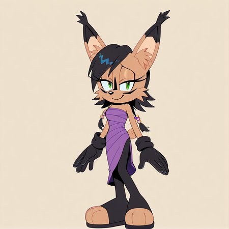 <lora:nicole_lynx_illustrious-000010:1>,  (masterpiece), (best quality), (ultra-detailed), amazing quality, very aesthetic, illustration, perfect composition, intricate details, absurdres, incredibly absurdres, nicole the lynx, 1girl, breasts, looking at viewer, smile, short hair, gloves, bare shoulders, jewelry, green eyes, standing, tail, full body, pantyhose, black pantyhose, strapless, half-closed eyes, sonic the hedgehog \(series\), furry, furry female, black hair, animal ears, animal nose, animal ear fluff, solo, solo focus, body fur, brown fur, facial markings, 1girl. solo,  <lora:TMoStH-Illustrious:1> tmosth,  (flat color, black shading, sloppy coloring), hatching \(texture\)