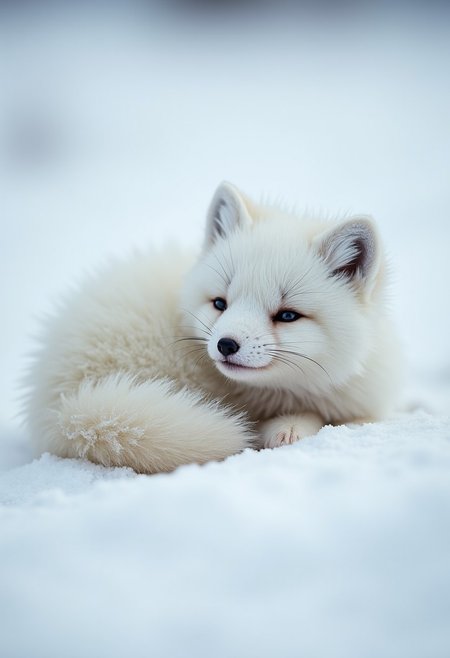 A small (fluffy Arctic fox) curls up in the snow, its soft, thick fur puffed up like a protective blanket against the cold. The fox's (wide, innocent eyes) shimmer with a delicate vulnerability, as if the harsh winter has softened its spirit. Its (tiny nose) peeks out from behind its (bushy, cloud-like tail), wrapped around itself for warmth. Each breath creates [faint wisps of cold air], highlighting the freezing environment. The fox's (round paws) press lightly into the snow, while its fur gives off a (cuddly, almost huggable appearance). The scene exudes a sense of (tenderness and fragility), evoking a desire to protect the tiny, adorable creature amidst the (vast, cold wilderness).