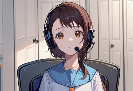 score_9, score_8_up, score_7_up, source_anime, solo, 1girl, OnoderaKosaki, sadlinus, headset, chair, indoors, school uniform, serafuku, blue sailor collar, white shirt <lora:concept_sadlinus_ponyXL:1> <lora:OnoderaKosaki_XLPD:1>
