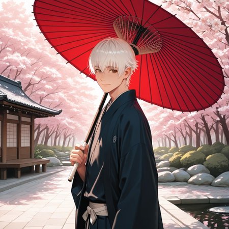 masterpiece, best quality, amazing quality, absurdres, newest, detailed background, definition so sharp, Ultra-HD, 8K cinematic, very awa, impressionate, amazing quality, highres, 
solo, male focus, manly, 
yashiroisana, 1boy, short hair, bangs, shiro_white hair, shiro_brown eyes, oil-paper umbrella, walking, looking to the side, gentle smile, calm expression, traditional Japanese garden, pond, cherry blossoms, soft lighting, aesthetic, peaceful, playful curiosity, tranquil