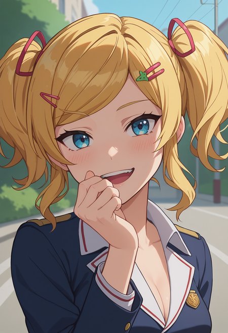 score_9, score_8_up, score_7_up, anime screencap, source_anime, 1girl, solo,
<lora:Rika_Inoue_Seraph_of_the_End_V1:.85>, KJOrika, blonde hair, twintails, blue eyes, swept bangs, hairclip, 
black school uniform,
smug, hand over mouth, open mouth, head tilt, blush,
sunny, street,
(Beautiful, medium Breasts:1.2),