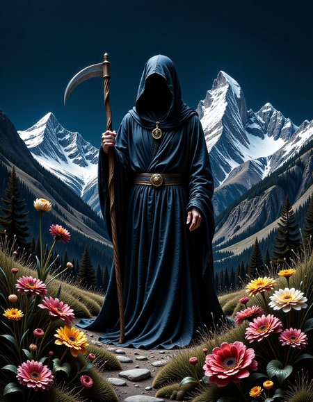the grim reaper standing in front of the grand teton mountains in wyoming. At night the black sky is clear and light glints off of the snow covered mountains in the background. creeping shadow and darkness surround the grim reaper standing in the front of the picture. He is wearing black robes and is holding a scythe. He has an aura of ominous peril. colorful wilted wildflowers, highly detailed, intricate details,
<lora:FLUX.1-DEV_-_Decadence_Art_style_LoRA:1> Decadent art movement, debauchery, depraved, unhinged, excessundefined<lora:wow_details:0.75>âââ
