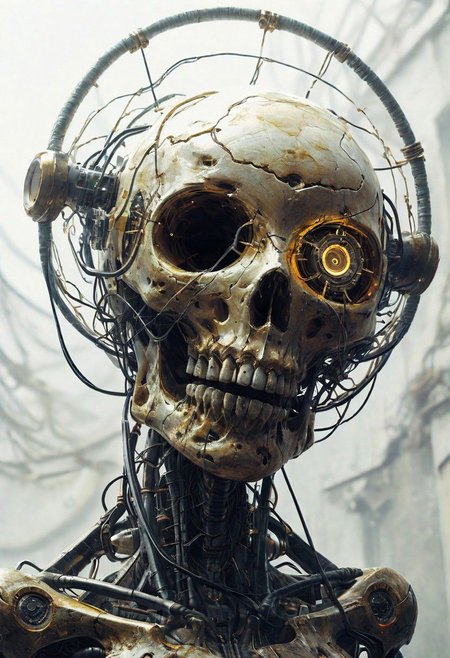 This image depicts a futuristic, humanoid character with a transparent head and upper torso revealing a complex internal structure that resembles a mechanical skull and vertebrae, with intricate details suggesting advanced technology. The character's head is crowned with a glowing halo-like ring, emitting a soft light, which gives the impression of a halo or a headpiece that indicates intelligence or authority.