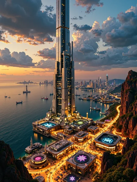 ultra-high-resolution cinematic film still, highest aesthetic quality, ultra-detailed, hyper-realistic, photorealistic, uhd, 8k, 4k, science fiction, a towering space elevator rising from a vast, high-tech coastal city at twilight, the terminal structure at the base glows with activity, surrounded by sleek anti-gravity freighters, landing pads, magnetic rails, and futuristic hangars, its architecture is clean and monumental, blending sharp lines with illuminated panels, the city itself stretches out toward the ocean with layered, overlapping districts of luminous towers, neon-lit walkways, and floating vehicles weaving between buildings. in the background, the space elevator pierces through low-lying clouds and extends into the stratosphere, a thin thread of light connecting earth to orbit, beyond the city, ocean waves shimmer with reflected lights and distant cargo platforms, while faint traces of orbital rings and satellite constellations glint in the sky above. a column of ascending transport pods travels along the elevator cable, leaving glowing trails in their wake, their paths converging toward the vanishing point in the sky, near the base, crowds of tiny figures and service bots move in rhythmic patterns, loading cargo and preparing for launch. birds eye perspective with a slight downward tilt, emphasizing the connection between the vibrant city below and the impossibly tall vertical structure disappearing into the heavens. twilight ambiance with warm golden and cool blue light interplay, subtle atmospheric haze at high altitudes, the space elevator lit from beneath by city lights and from above by the last rays of the sun, glowing traces of energy along the elevator cable create a luminous visual path into orbit. filmed in ultra-wide format, captured on digital imax using a 100mm lens at f/2.8, using rembrandt style lighting for dramatic highlights and shadow depth, masterful use of light and shadow, ovg, artilands02, <lora:style-fantastic_landscapes-v2-flux-by_artifyai:0.76> <lora:sinfully_stylish-dramatic_lighting-v1.0-flux-by_exuberantconsent:0.96>