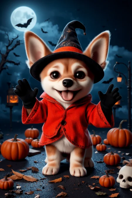 (pretty beautiful cute halloween puppy), color magician clothes, gloves, (Halloween pumpkins, jack-o-lantern)  halloween night, horror, (bats), moon in the sky,  portrait, (standing:1.2),  happy smiling, red eyes,(very detailed), best quality,  sharp focus, old magic books,  halloween_atmosphere, halloween_backgrounds, halloween_creatures, halloween_props_decorations, halloween_styles, halloween_weather, halloween_lighting, ethereal lights, backlight, shadows, high contrast, hdr, <lora:Anti-Blur:0.8> <lora:Hand v2:0.8> Detailed hand, Hand, Perfect hand <lora:PinkieChibiHalloweenFLUX:0.8> pinkchibihalloween <lora:aidmaImageUpgrader:0.8> aidmaimageupgrader