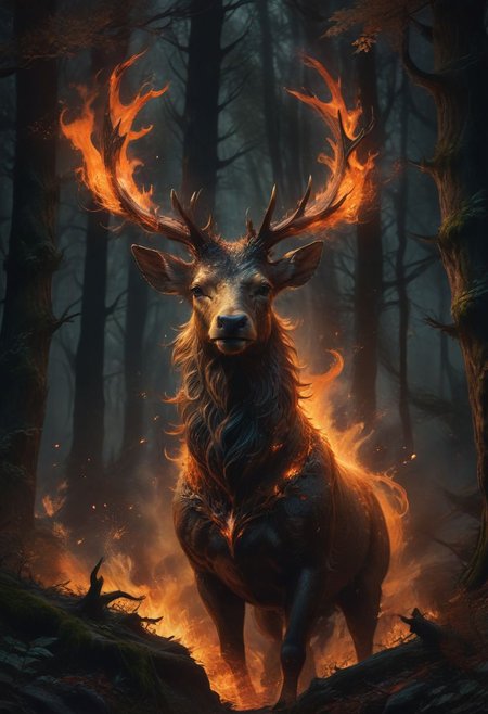 A majestic stag, its antlers adorned with flickering flames, gallops through a fiery forest, its eyes burning with an otherworldly light.