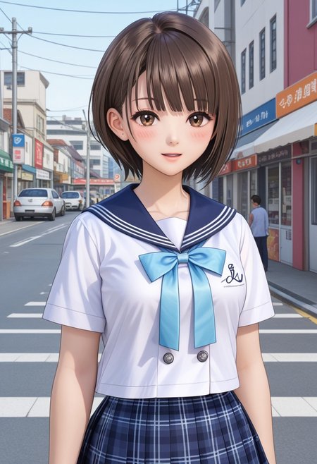 Shirai Hinako, 1girl, solo, looking at viewer, blush, short hair, bangs, skirt, pedestrian city, brown hair, shirt,  shop background, ribbon, brown eyes, closed mouth, school uniform, standing, white shirt, short sleeves, pleated skirt, serafuku, sailor collar, blue skirt, plaid, kneehighs, plaid skirt, blue sailor collar, long neck, <lora:Shirai_Hinako_Blue_Reflection_Pony:0.7> anime color, seductive smile, (kishida mel), open mouth, medium breast, <lora:HandFixer_pdxl_Incrs_v1:1> (slender body), medium skirt, (tall girl), thin face,