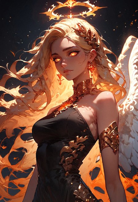 score_9, score_8_up, score_7_up, 1girl, fiery aura, blonde hair, black dress, gold jewelry, golden tiara, black and gold theme, angel wings, glowing eyes, black background   <lora:sdxl\Expressive_H-000001:0.8>, expressiveH <lora:sdxl\sinfully_stylish_SDXL> <lora:sdxl\Fiery_Aura_for_Pony:0.9> <lora:sdxl\Concept Art Twilight Style SDXL_LoRA_Pony Diffusion V6 XL:0.8>, concept art