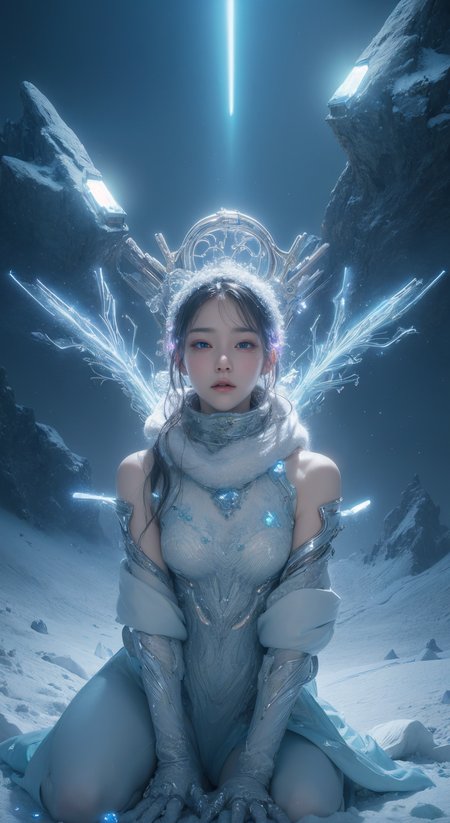 (masterpiece,top quality,best quality,official art,beautiful and aesthetic:1.2), ,,snow ,cry,, elegant, highly detailed, , sharp focus,,,cyberpunk,,fried ballads,,(luminescence:1.3),<lora:nijiarmor:.4> cybersuit,(snow mountain:1.3)