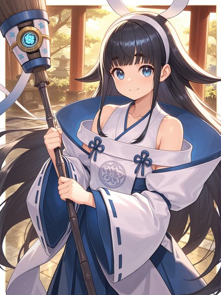 shinonome the vaylantz priestess, 1girl, solo, smile, looking at viewer, thick eyebrows, collarbone, multicolored background, bare shoulders, closed mouth, white broom, holding white broom, two-handed, sidelocks, white hairband, white ribbon-trimmed sleeves, white sleeveless kimono, blue hakama skirt, white border, white breast curtain,
masterpiece,best quality,amazing quality,very aesthetic,absurdres,newest,scenery,extreme detail,8k,light particles,soft lighting,volumetric lighting,intricate details,finely detailed,detailed eyes,<lora:Shinonome the Vaylantz Priestess illusXL v1.1:0.75>,