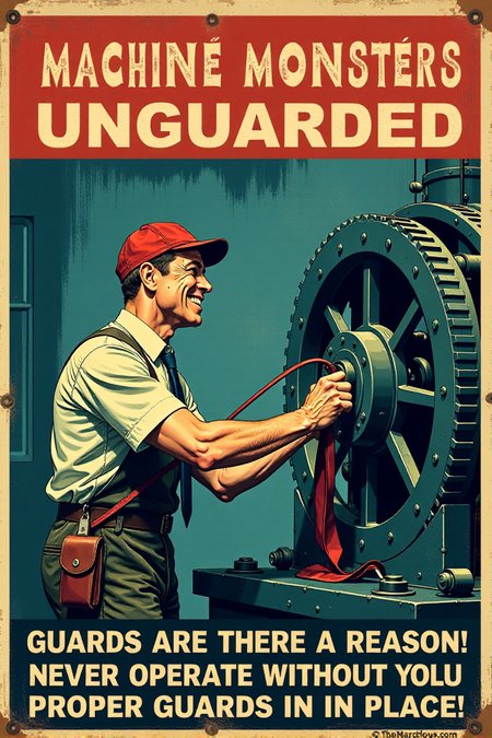 "Vintage safety sign illustration of a worker operating a large, dangerous-looking machine with all the machine guards completely removed or bypassed.  He is happily feeding his tie into moving gears and ignoring exposed blades and belts spinning dangerously close to his hands.  He has a blissful, carefree expression, completely unaware of the imminent danger of entanglement.  The sign text in bold, vintage lettering cries out: 'MACHINE MONSTERS UNGUARDED!  GUARDS ARE THERE FOR A REASON!  NEVER OPERATE WITHOUT PROPER GUARDS IN PLACE!' Render in a stark, slightly unsettling vintage cartoon style, contrasting the worker's oblivious happiness with the clearly dangerous unguarded machinery. Use a color palette that emphasizes the cold, metallic nature of the machinery (greys, blues) and warning reds for danger zones around the unguarded moving parts. Visually stunning vintage cartoon, direct machine guarding safety message, high detail in machine components and the worker's dangerous disregard for safety." <lora:REMEs_War_Poster_Style:0.9> In REME's War Poster Style,âââ