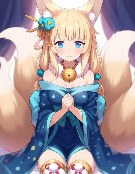 <lora:AzlaNiizuki_SDXL_Illustrious01_fp16_ver01:1>,AzlaNiizuki, 1girl, animal ears,bangs, blonde hair,  multiple tails, hair ornament, bell, blue eyes, kimono, fur collar,bare shoulders,thighhighs,sad,closed mouth, looking at viewer,, masterpiece, best quality, very aesthetic, absurdres,<lora:detailed_hands:1>,hand