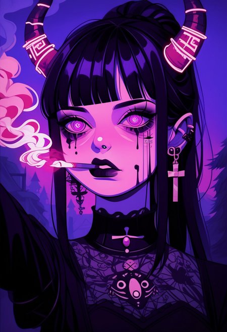 score_9, score_8_up, score_7_up, score_6_up,1girl
hinata hyuga,  black hair, long hair, fringe cut, ponytail hairstyle, purple eyes, soni horn, link horns,
pastel paint, vamp style, taking a selfie, detailed, near to the sea, up a bridge, goth clothes, goth dress, cross earrings, fangs, jewel eyes,cold tones,
goth core, vamp goth, goth style, black dress, lollita dress, smoking a cigarette, cigarette in mouth, melting, vapor, smoke, glitch, horror (theme), glowing, zPDXL2, smoke from eyes, red smoke, horror in the smoke, evil faces, horror,
 standing,  detailed eyes, beautyfull face, 
outdoor,