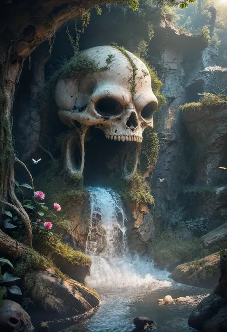 score_8_up, highres, 8k, detailed skin, high detail, <lora:SimplePositive_XL_v1_AutoRunMech:4>,  <lora:add-detail-xl:1>, <lora:xl_more_art-full_v1:0.45>,, <lora:hand 5.5:1>,  <lora:zy_Realism_Enhancer_v1:1>,
depth of field, dynamic lighting, <lora:skin_4:0.3>,
<lora:Dream Scenery XL:1> Dream Scenery, distorted, surreal,abnormal, (humanoid), creative,  <lora:RMSDXL_Creative:4>,
A surreal and dreamlike scene of a skull, partially embedded inside a tree, with vibrant flora and fauna thriving inside and around it. Mouth waterfall. Exotic flowers bloom from the cracks in the bone, and vines wind their way through the skullâs hollow eyes. Small birds, butterflies, and insects interact harmoniously with this lush, miniature ecosystem. The atmosphere feels ethereal, with soft, glowing light illuminating the scene, as though captured in a dreamscape. closeup
