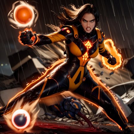 score_9, score_8_up, score_7_up, score_6_up,
stellartachy, 1girl, solo, black  hair, black eyes, long hair, (Large black round armored Shoulder pads:1.4), (look at viewer, perfect eyes; 1.5), perfect lips, (very angry, teeth, crying eyes:1.6)
Large hips, tight waist,
(orange neon lines), ( black glowing plugsuit:1.3), cyberpunk gloves, 
(Wet rain, worm, hurricane: 1.5),
cowboy shot, white background, (epic, movie scene , action scene, fight, colorful, bokeh, god light:1.4), (motion blur, action shot:1.74)
(Blood of enemies dripping from everywhere: 1.5),
(excessive Kamehameha power ball magic light neon effect:1.8), (motion vibrations, destruction: 1.5)
