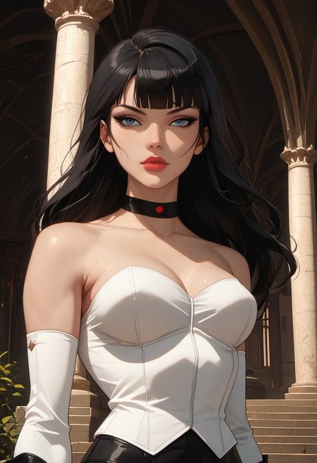 ((zPDXL3)), score_9, score_8_up, score_8, (sexy:2.5), Fantasy, perfecteyes, ultra detailed, high resolution, high quality, masterpiece, intricate details, intricate body, intricate landscape, knva, Expressiveh, European Instagram Model, upper body shot, low light, temple, mountaintop temple,
BREAK
Character: 1girl, solo, source_cartoon, mature female, Prompt: Zatanna, long hair, blunt bangs, 
Clothing: pcorset, tight pants, bare shoulders, arm sleeves, knee boots, thighhigh boots, choker,
Character Pose: confident stance, cocked hip, cowboy shot, beautiful, full lips, looking at viewer, closed mouth,
<lora:4th_tail_v0.3_lora_extract_l:0.60>