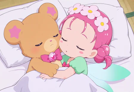 <lora:mahoutsukai_precure_all_in_one_illustXL_locon_v1:0.7> masterpiece, best quality, absurdres, very aesthetic, sleeping, under covers, head on pillow, blanket, lying, futon, on back, on side, bed sheet, indoors, bed, 
mofurun \(mahou girls precure!\), 1other, teddy bear, no humans, furry, bear ears, star hair ornament, closed eyes, pink bowtie, pink neckwear, brooch, 
1girl, ha-chan \(mahou girls precure!\), fairy, child, chibi, minigirl, pink hair, short hair, short twintails, double bun, head wreath, hair flower, pink flower, blush stickers, butterfly wings, fairy wings, green shirt, puffy short sleeves, closed eyes,